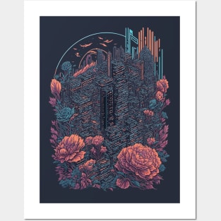 Floral Cyberpunk City Posters and Art